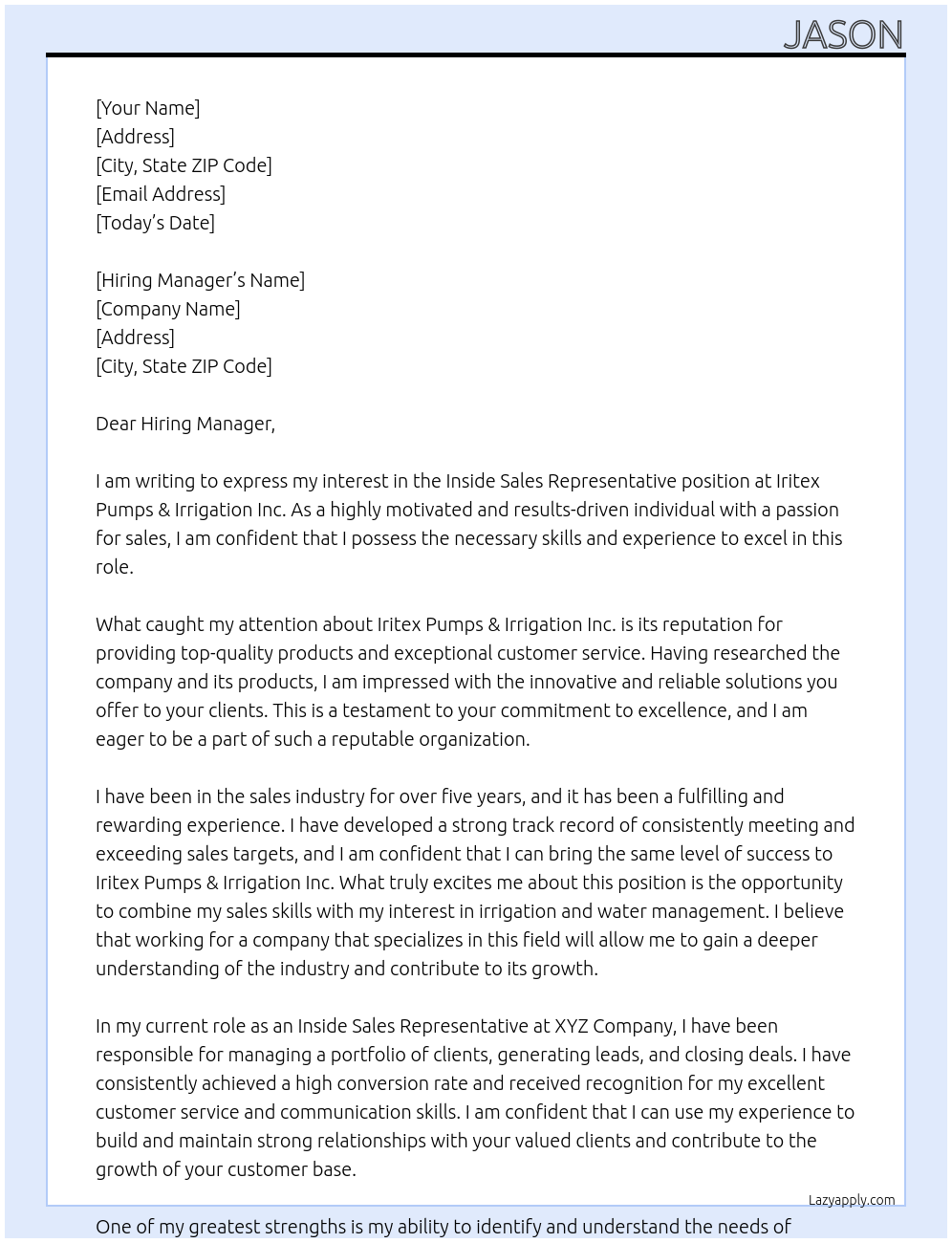 Inside sales Representative  At Iritex Pumps & Irrigation Inc. Cover Letter