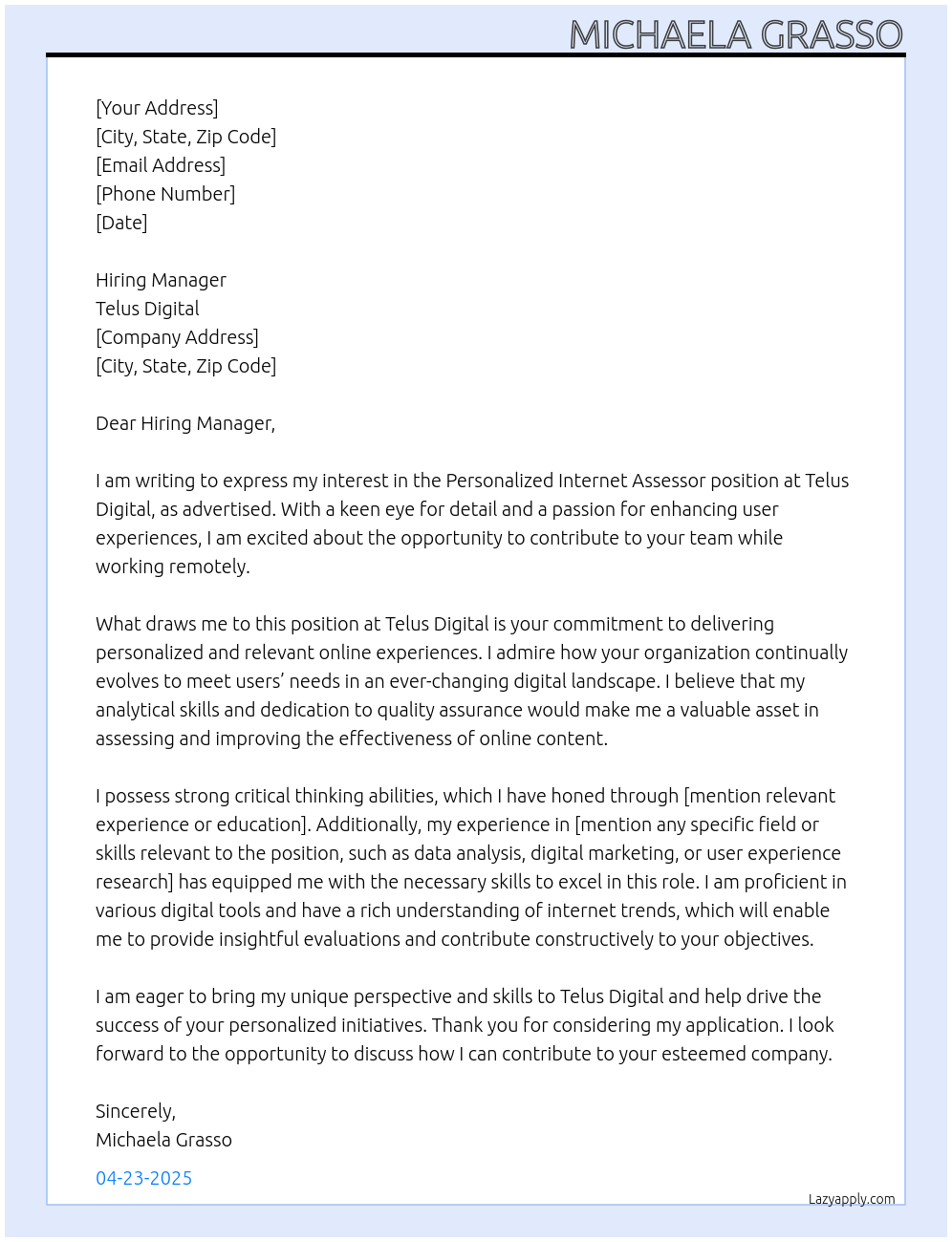 Cover letter for personalized internet assessor - LazyApply
