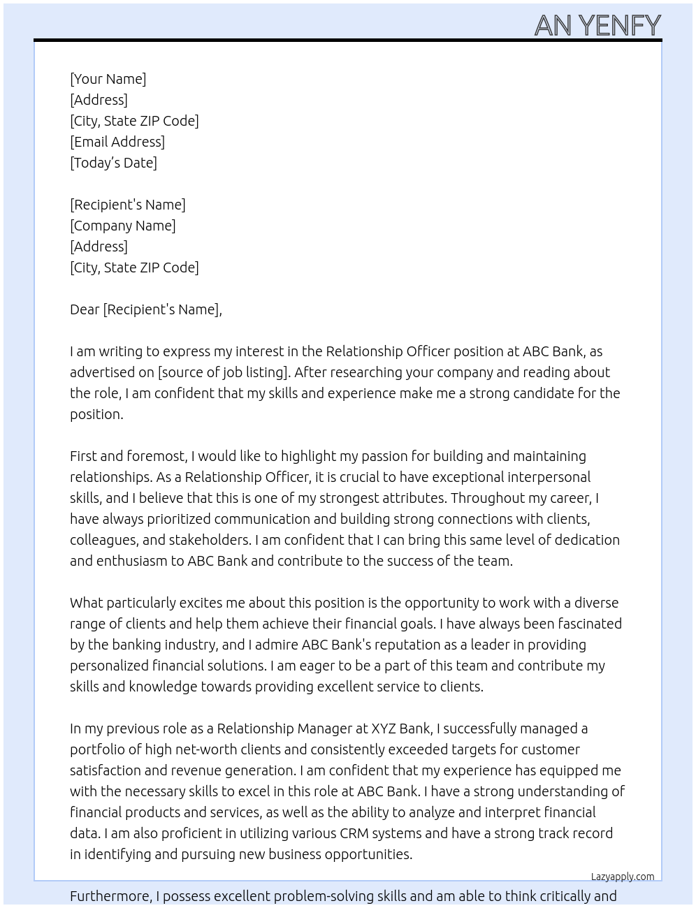 Relationship officer At ABC Bank Cover Letter