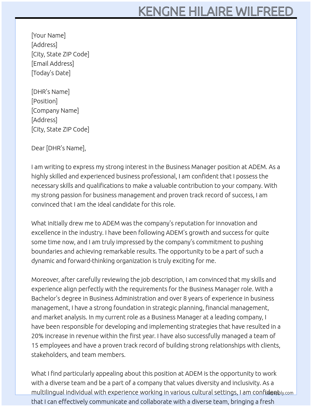 Business manager At ADEM Cover Letter