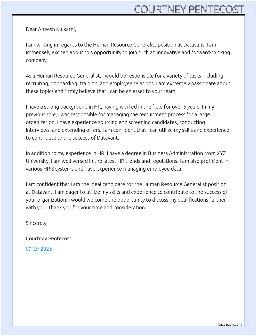 Human Resource Generalist At Datavant Cover Letter