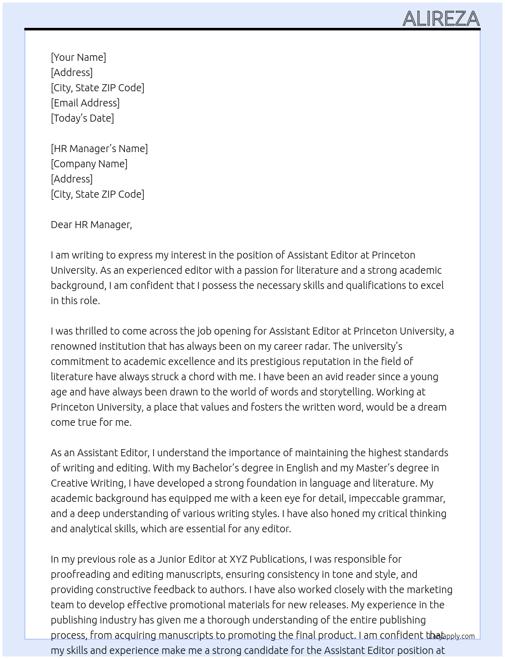 Assistant Editor At Princeton University Cover Letter