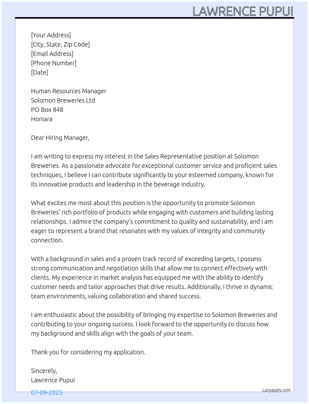 Cover letter for sales representatives - LazyApply