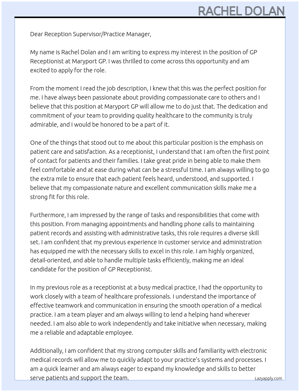 GP Receptionist At Maryport GP Cover Letter