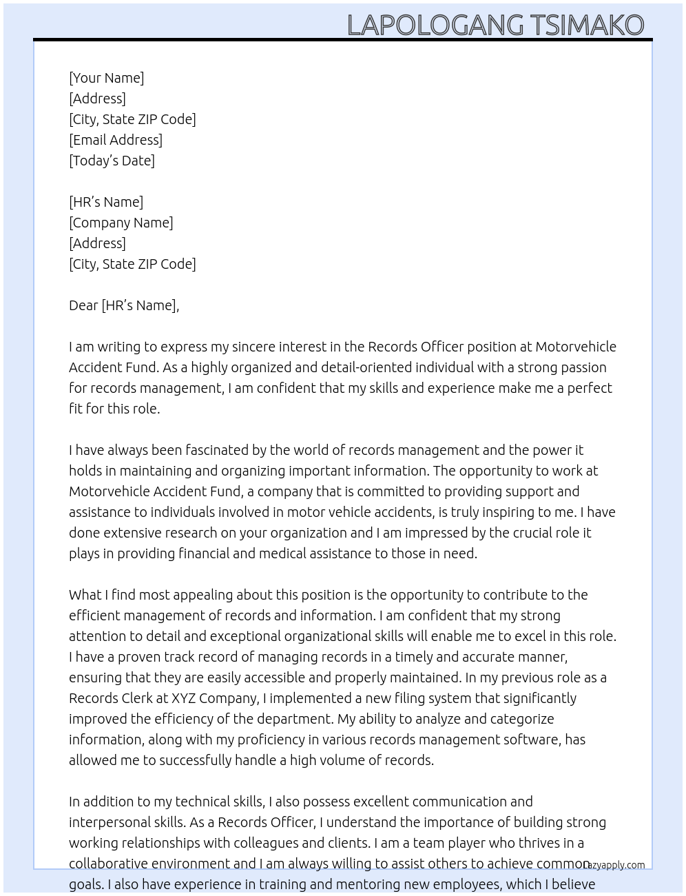 Records officer At Motorvehicle Accident Fund Cover Letter