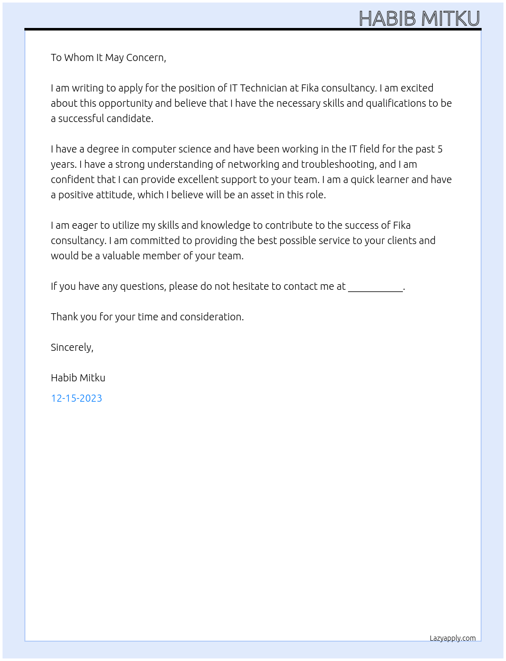 IT Technician At Fika consultancy Cover Letter