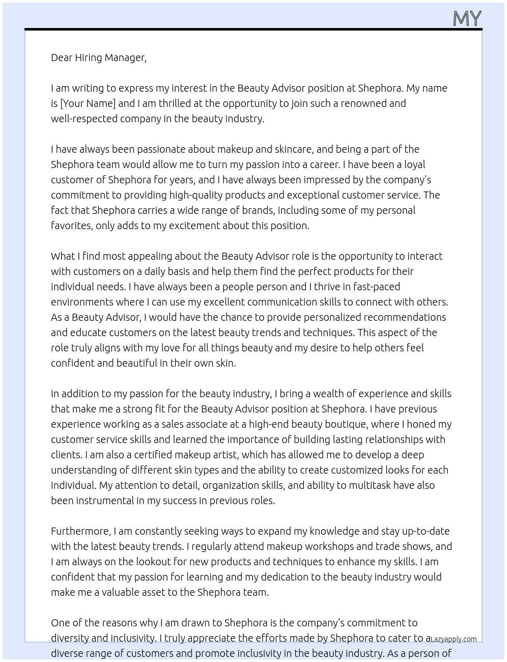 beauty advisor At Shephora Cover Letter