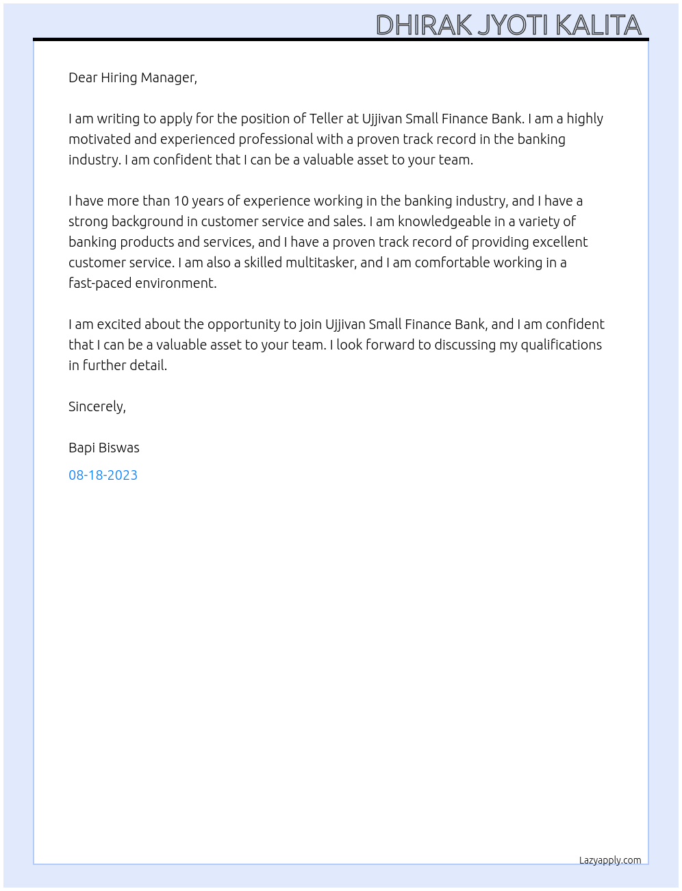 Teller At Ujjivan Small Finance Bank Cover Letter