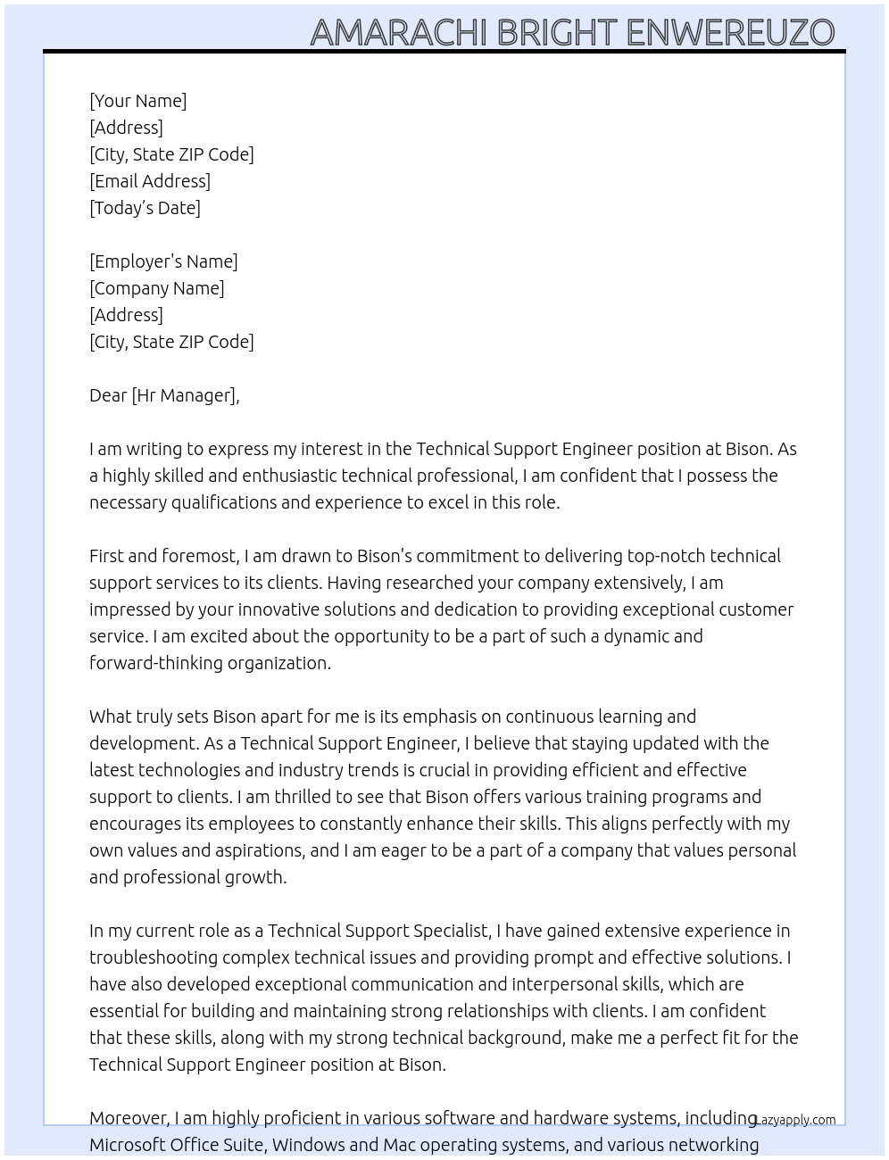 Technical Support Engineer At Bison Cover Letter