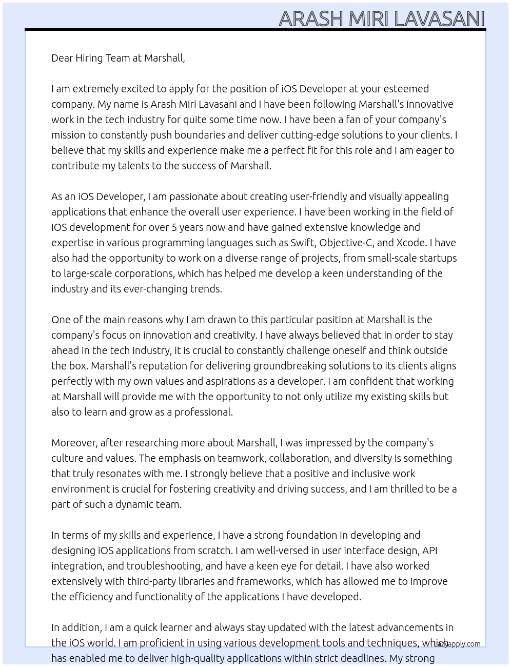 iOS Developer At Marshall Cover Letter