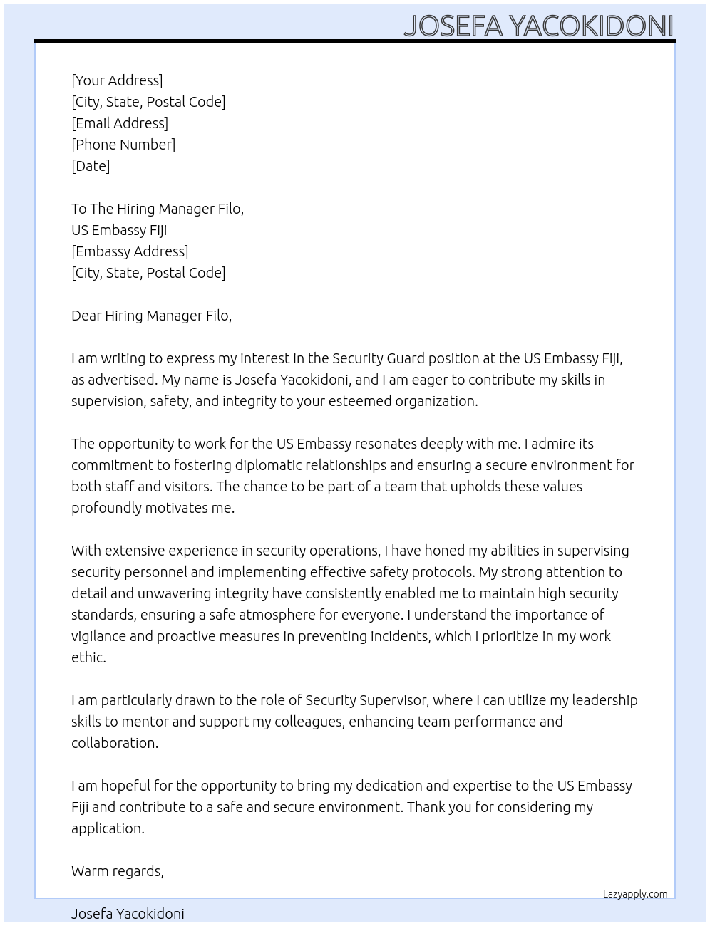 Security Guard At US Embassy Fiji Cover Letter