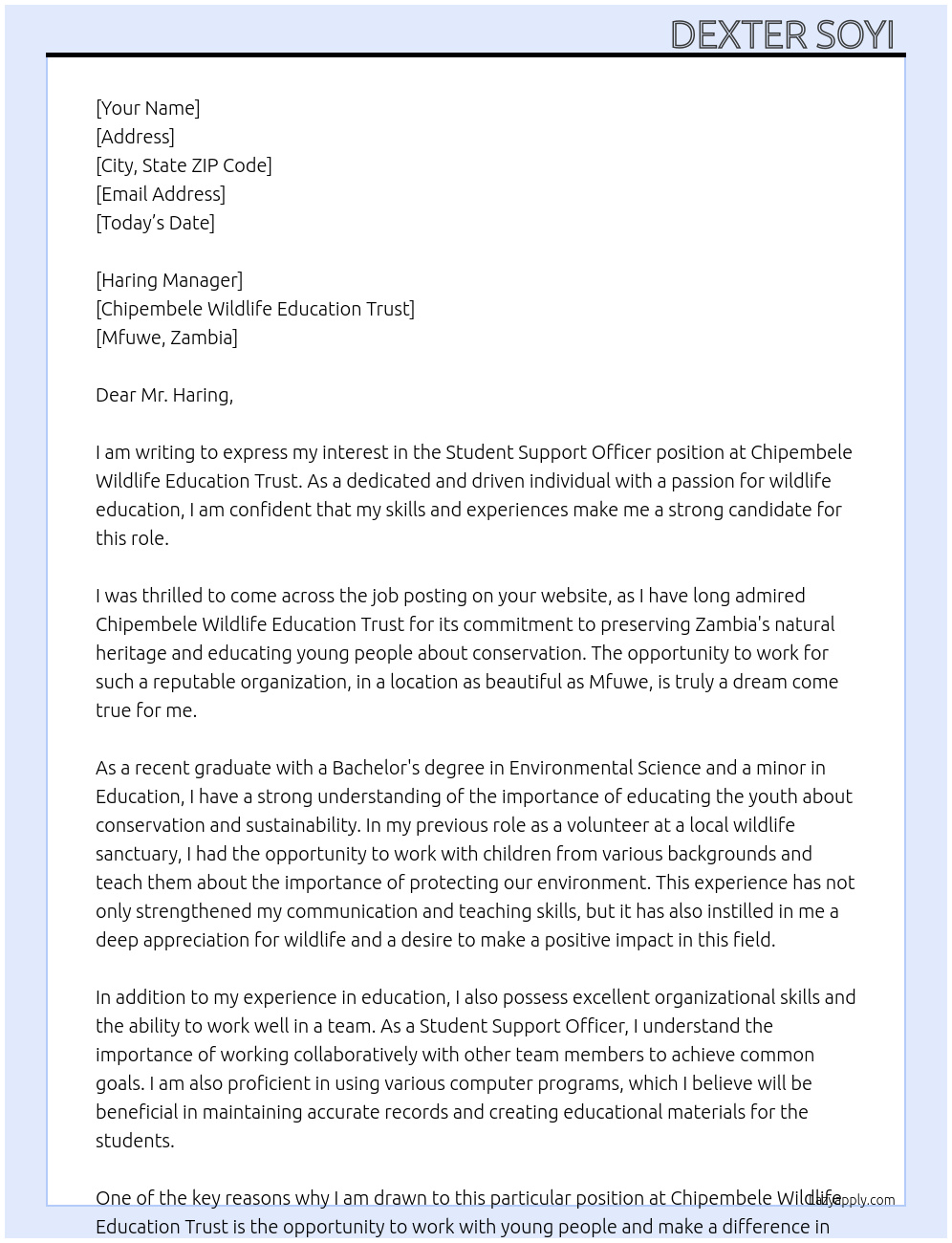 Student support officer At Chipembele wildlife education trust  Cover Letter