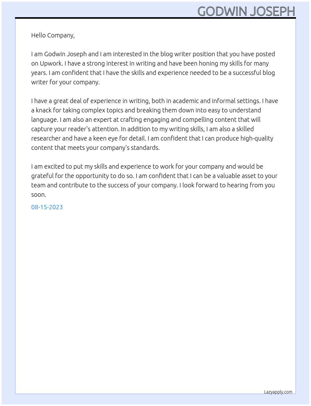 Blog writer At Upwork Cover Letter