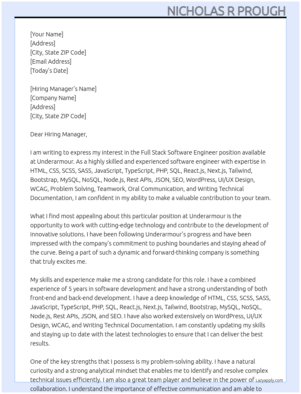 Full Stack Software Engineer At Underarmour Cover Letter