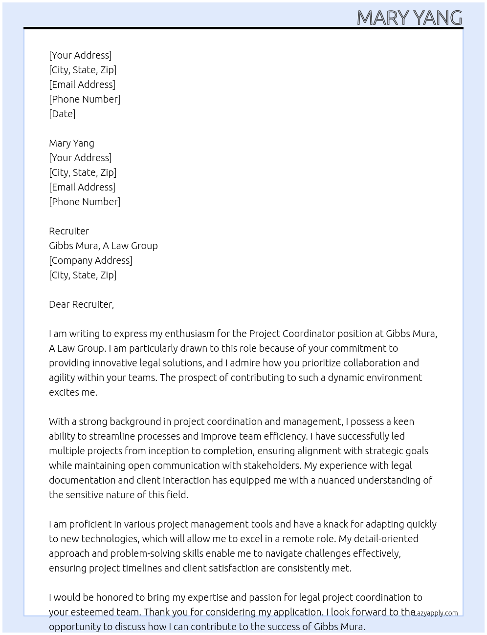 Project Coordinator At Gibbs Mura, A Law Group Cover Letter