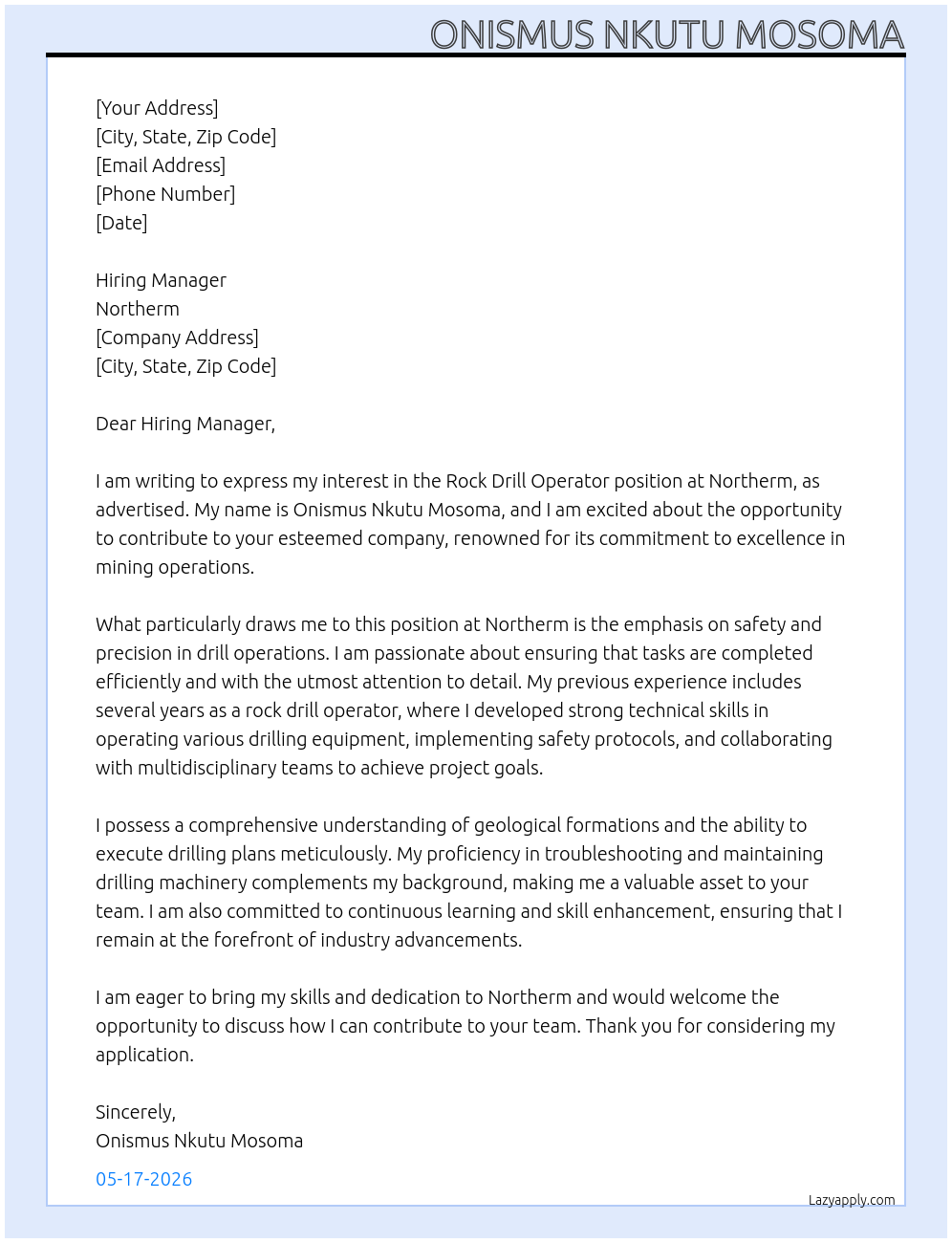 Rock drill oparator  At Northerm  Cover Letter