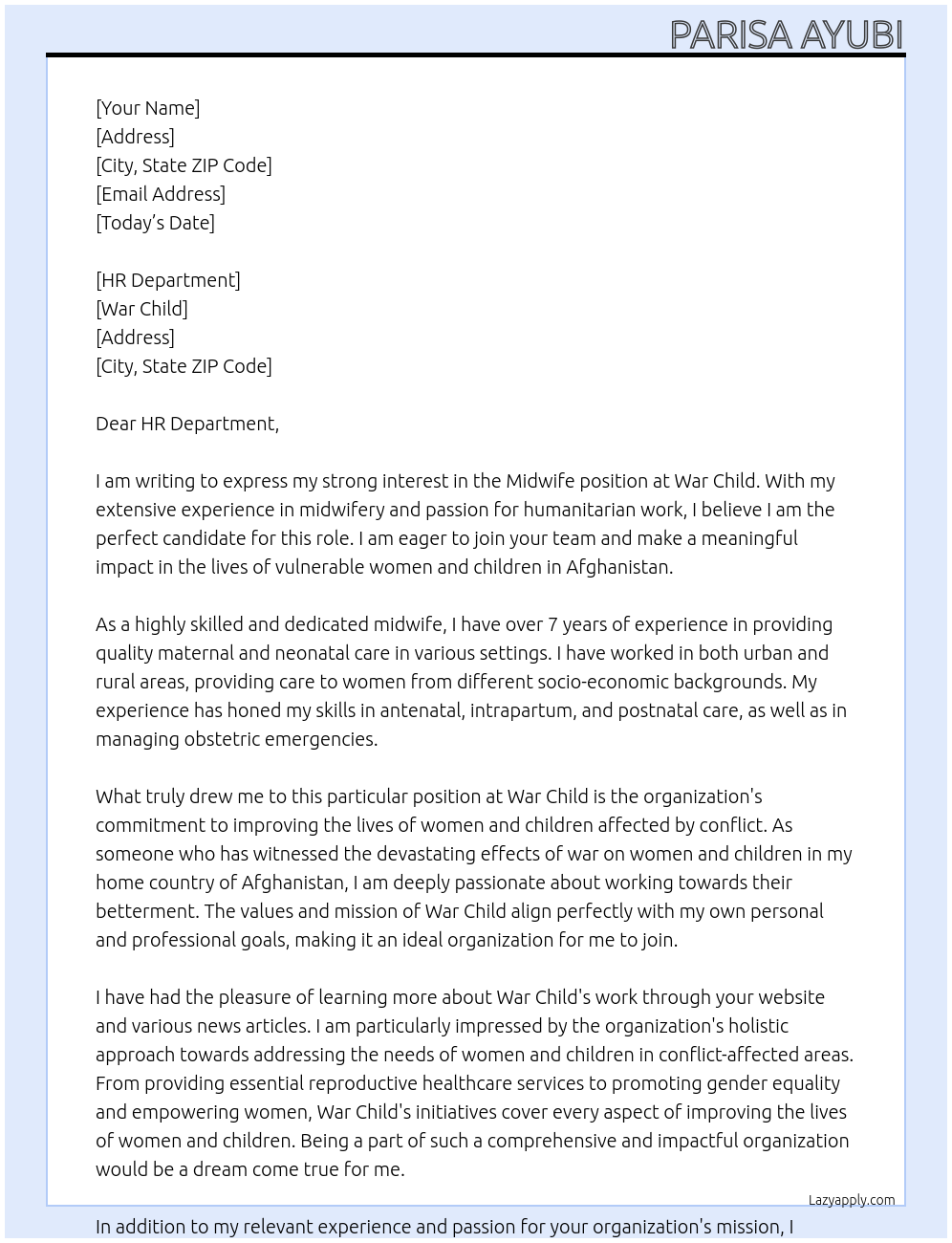 Midwife At War Child Cover Letter