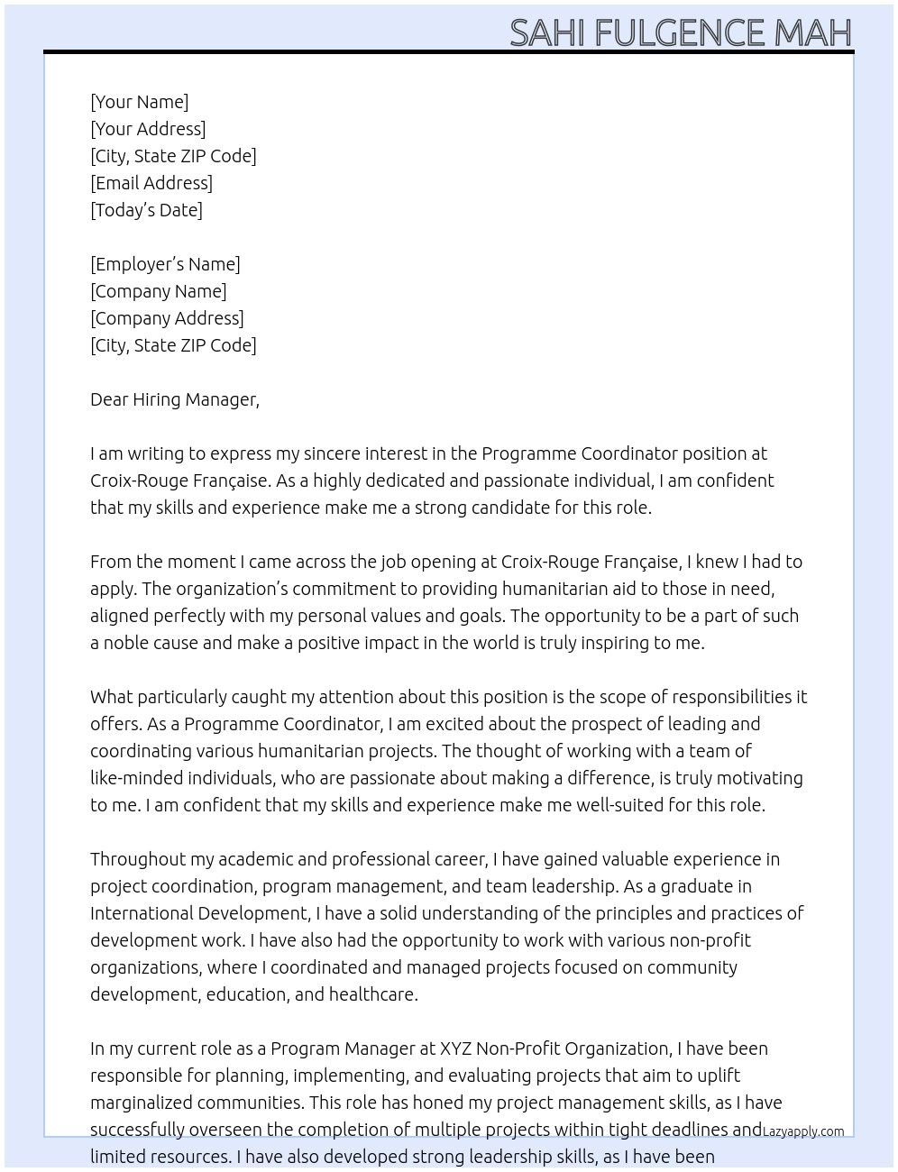 Programme Coordinator At Croix-Rouge Française Cover Letter