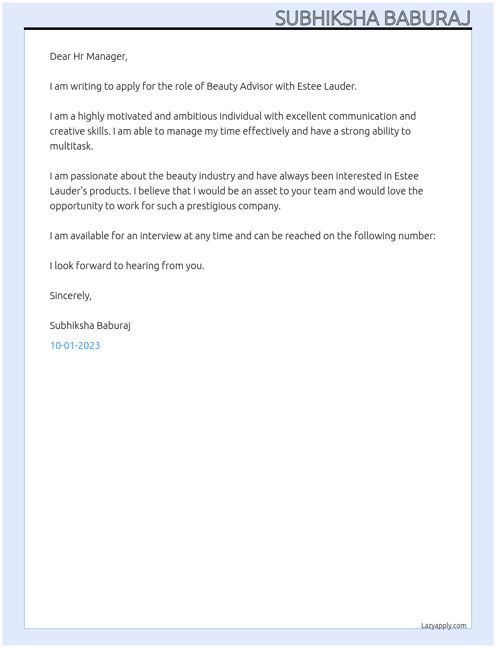 Beauty Advisor At Estee Lauder Cover Letter