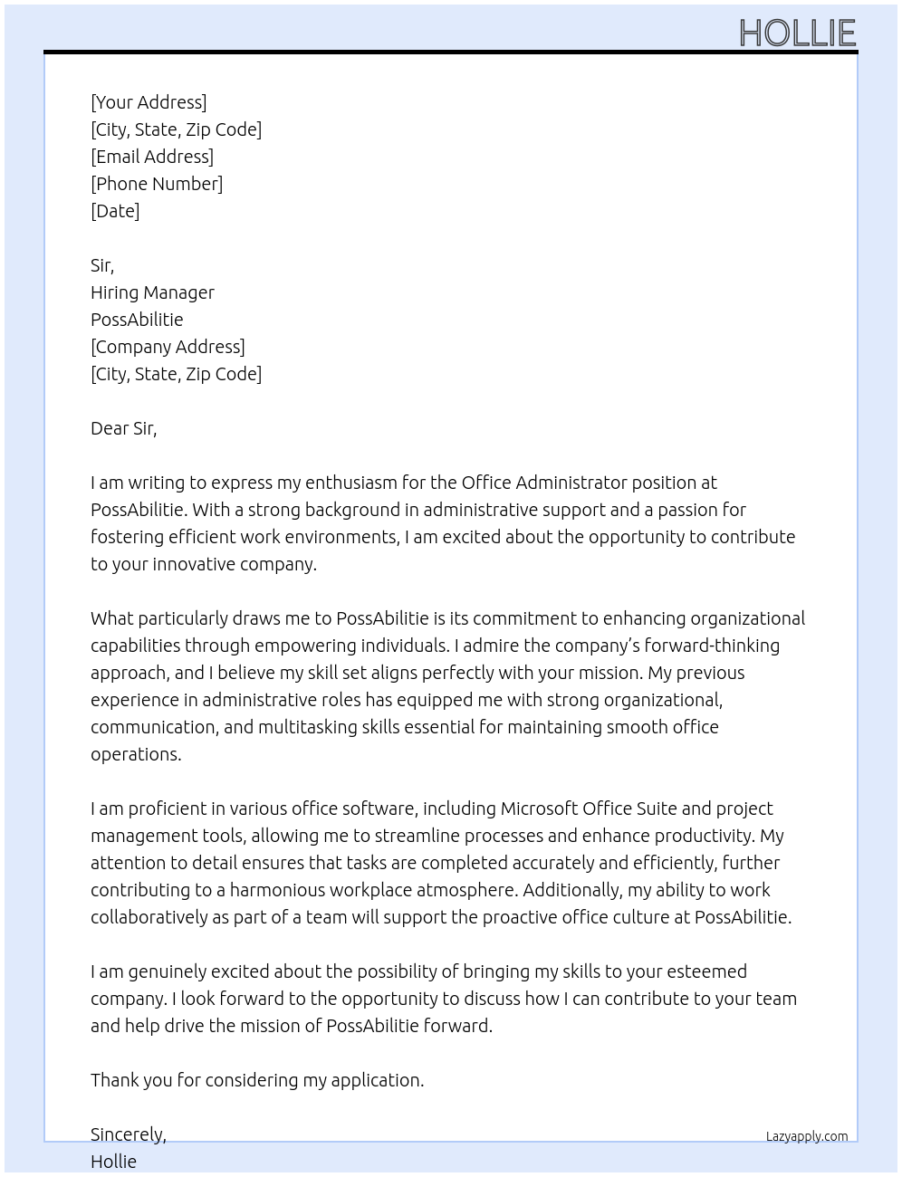 Office administrator At PossAbilitie Cover Letter