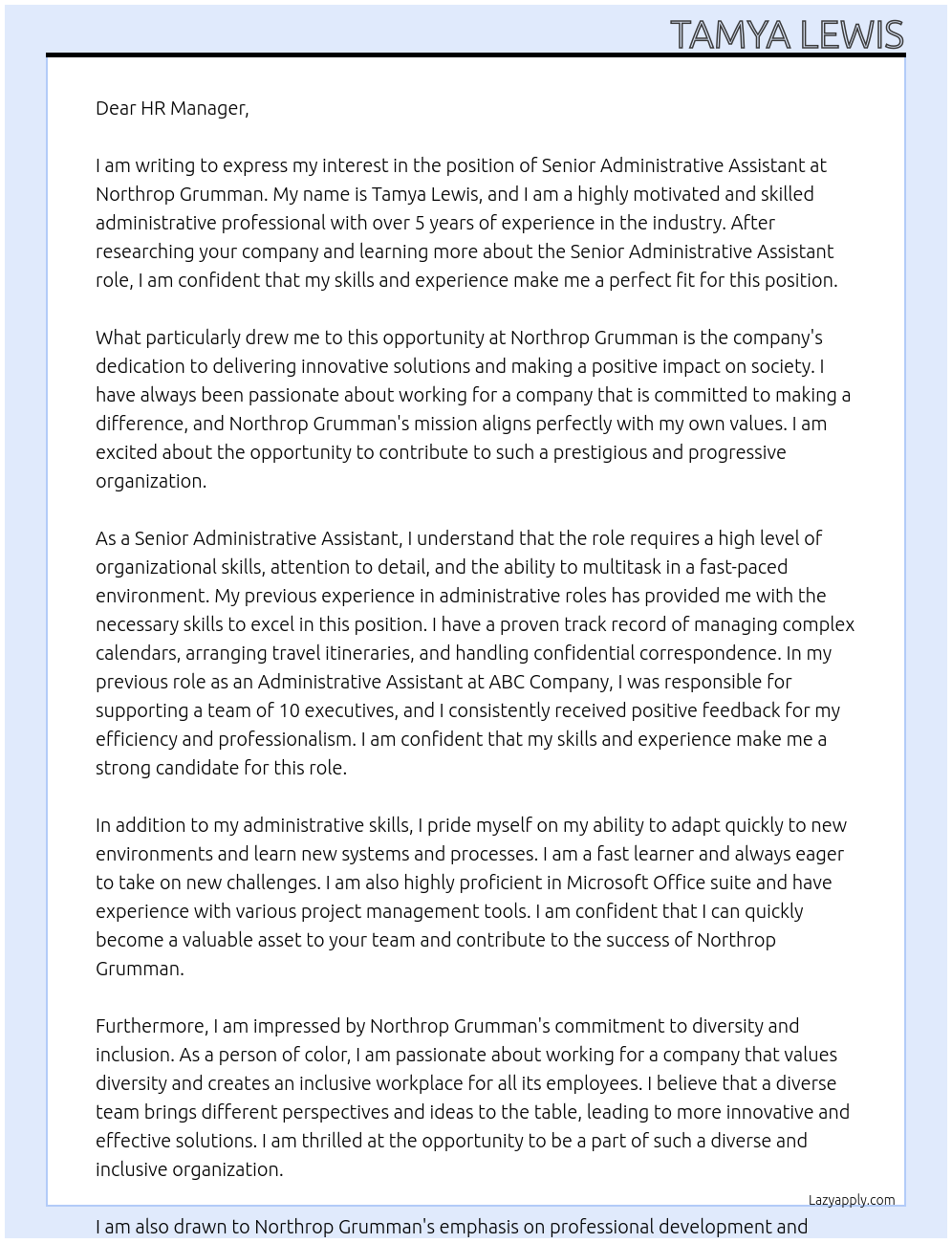 Senior Administrative Assistant At Northrop Grumman Cover Letter