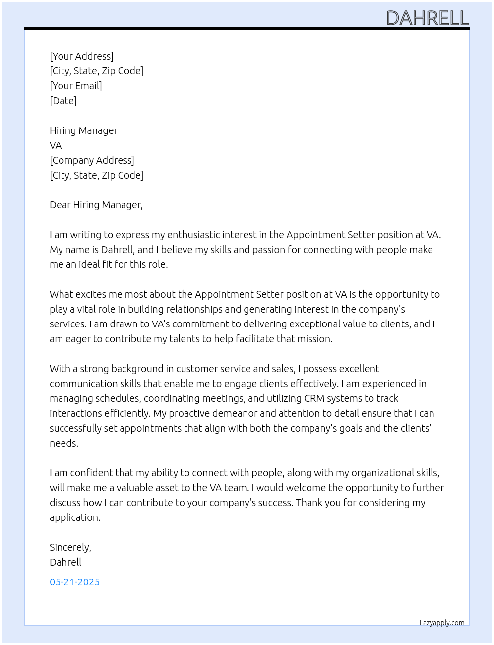 appointment setter At VA Cover Letter