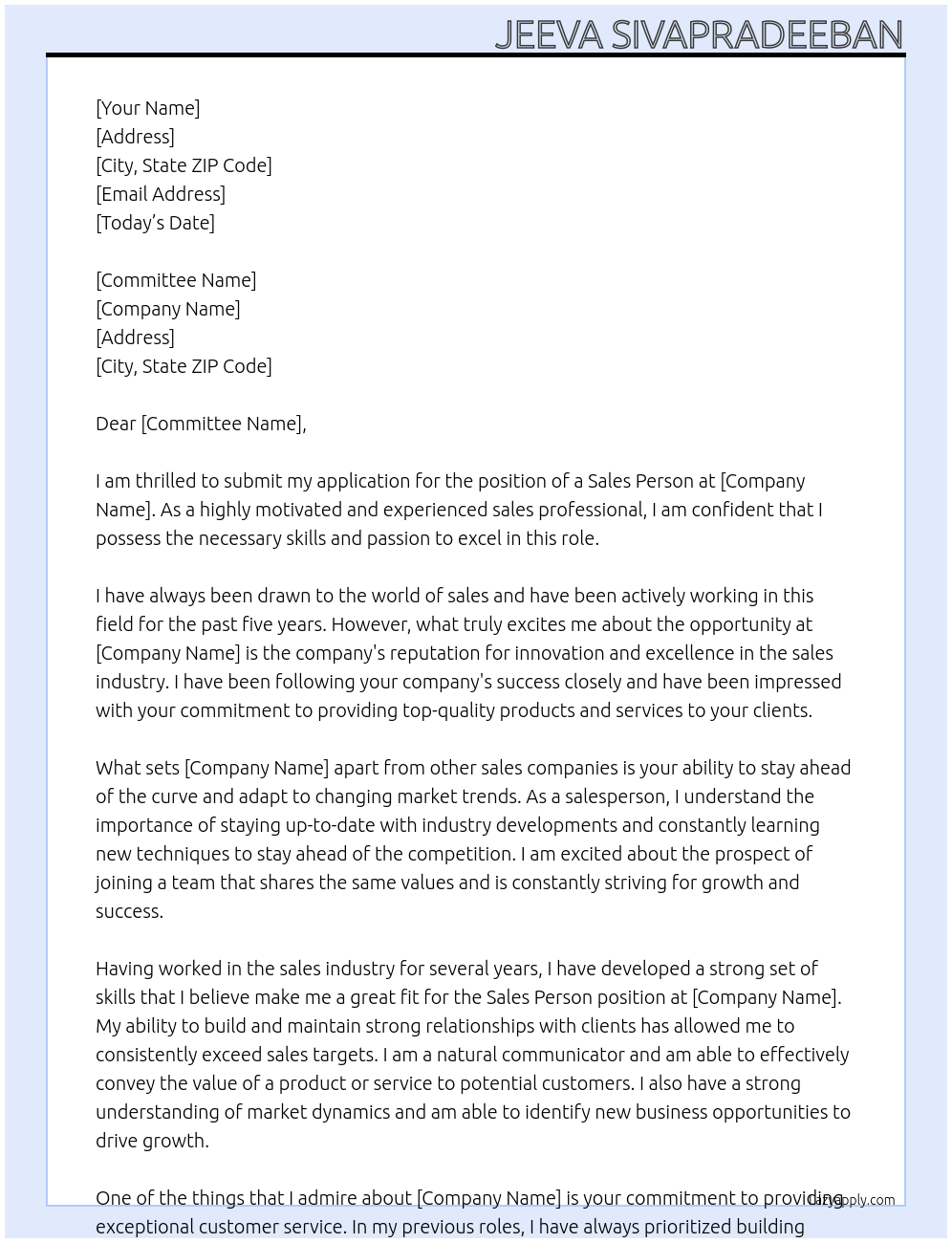 sales person At sales company Cover Letter