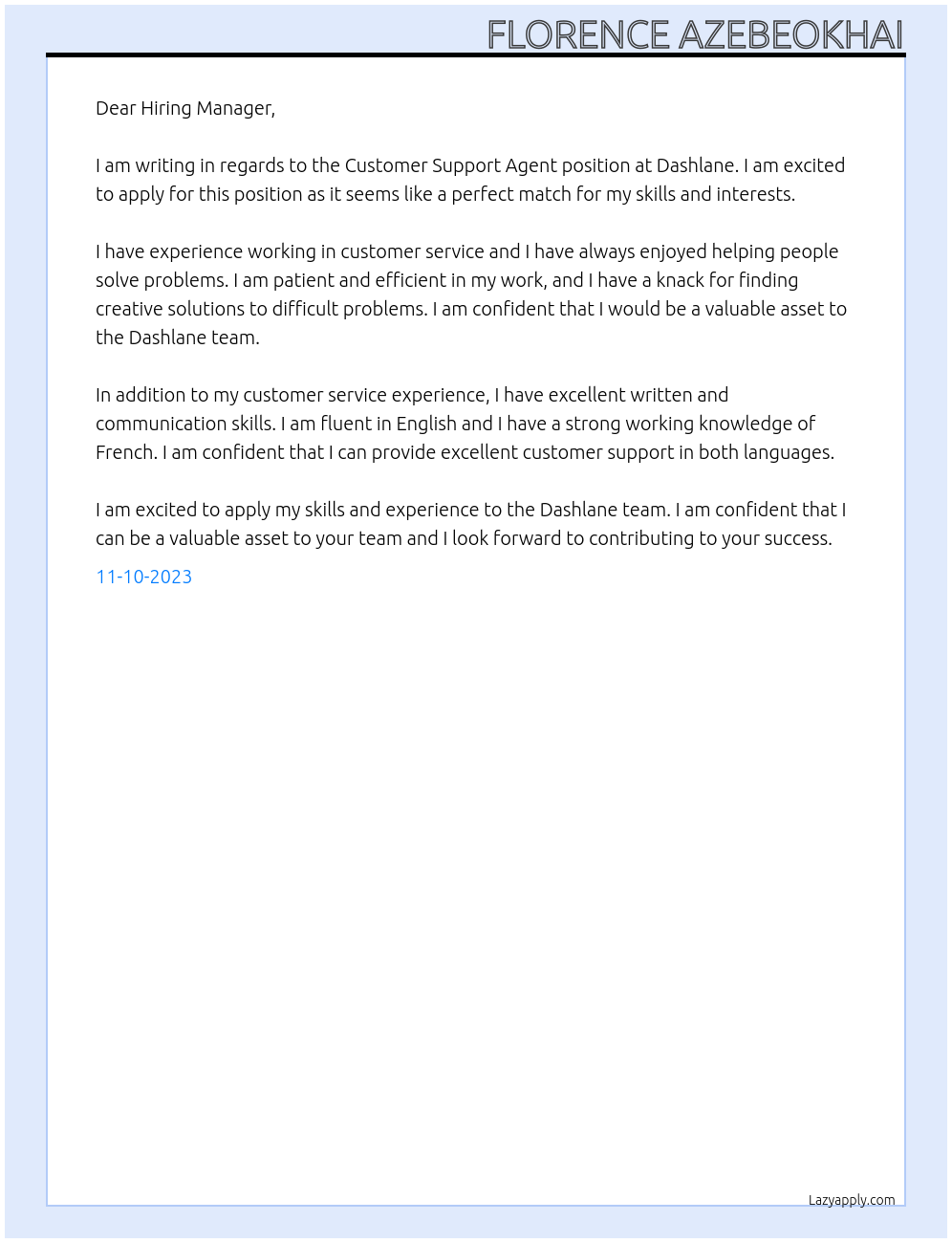 Customer support agent At Dashlane Cover Letter