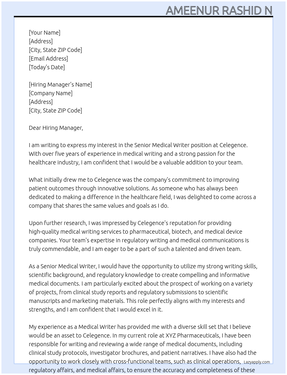 Senior Medical Writer At Celegence Cover Letter