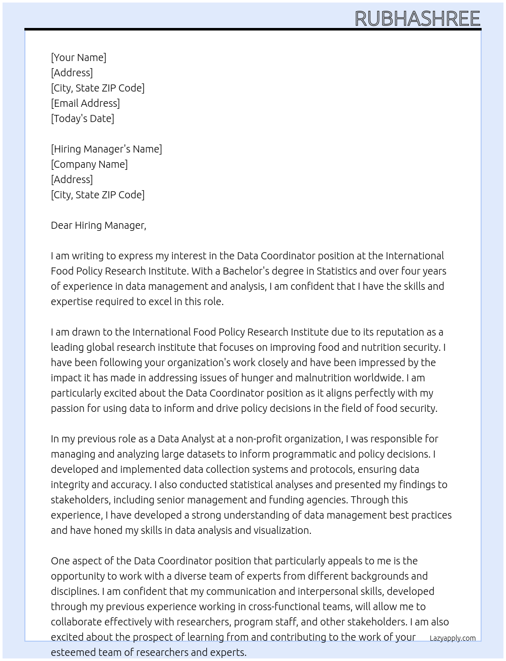 Data Coordinator At International Food Policy Research Institute Cover Letter