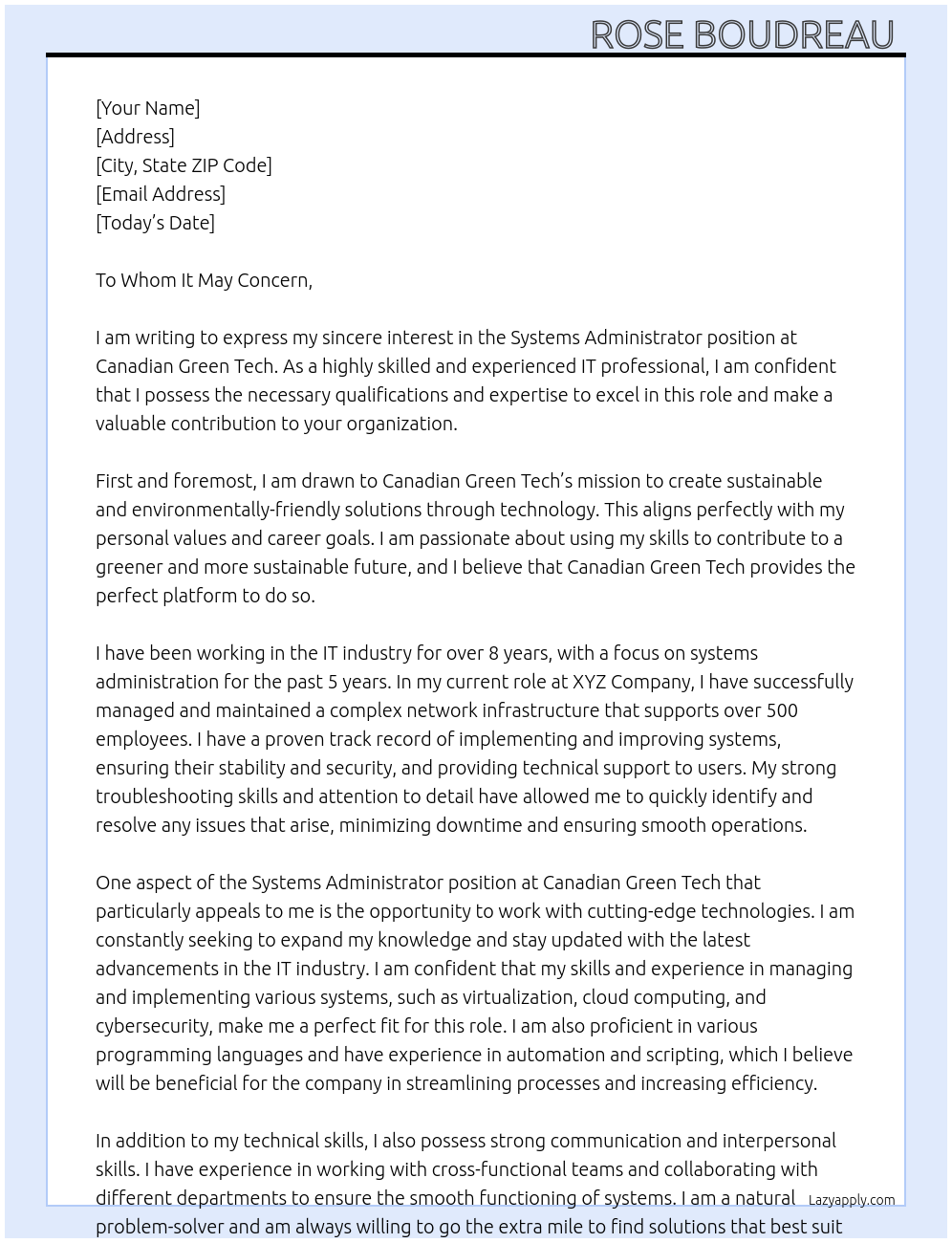 Systems Administrator At Canadian Green Tech Cover Letter