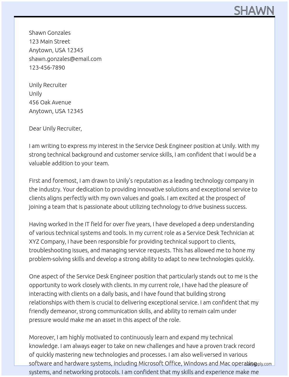 Service Desk Engineer At Unily Cover Letter