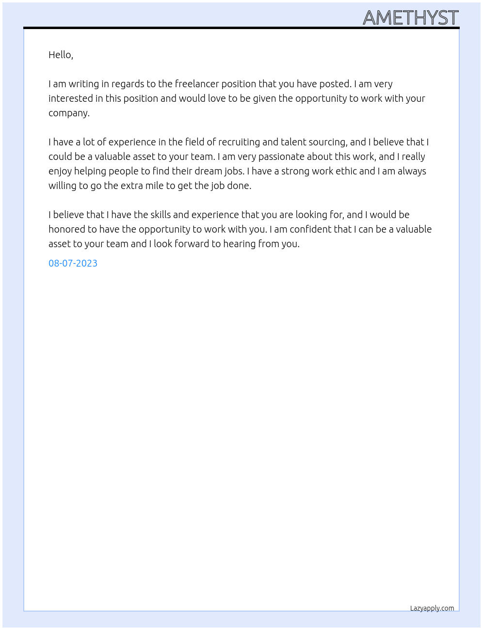 Freelancer At Recruiting and Talent Sourcing Cover Letter