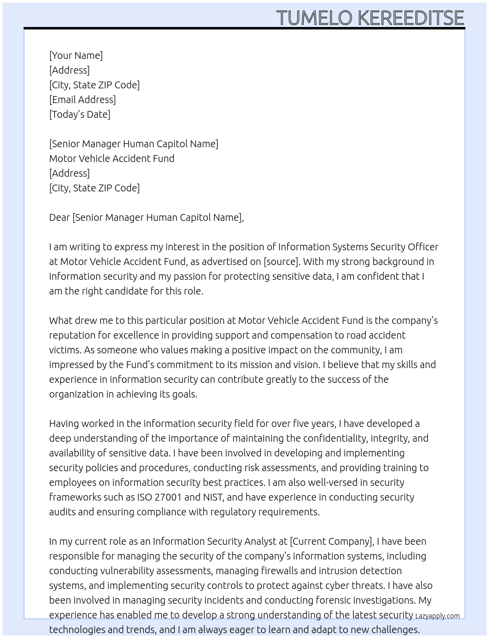 Information Systems Security Officer At Motor Vehicle Accident Fund Cover Letter