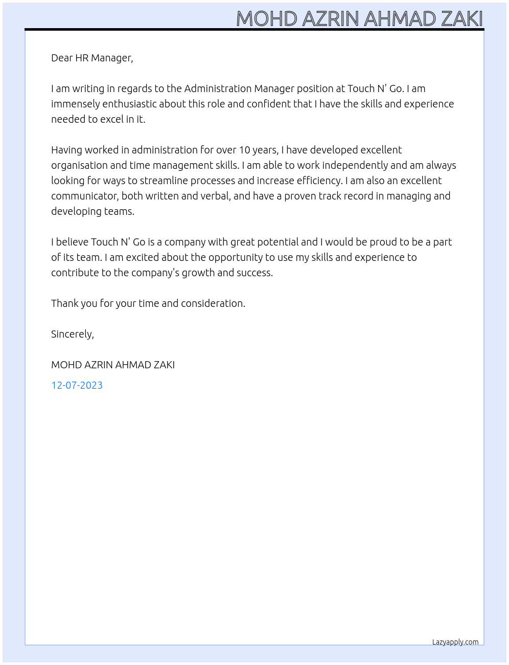 Administration Manager At Touch N' Go Cover Letter