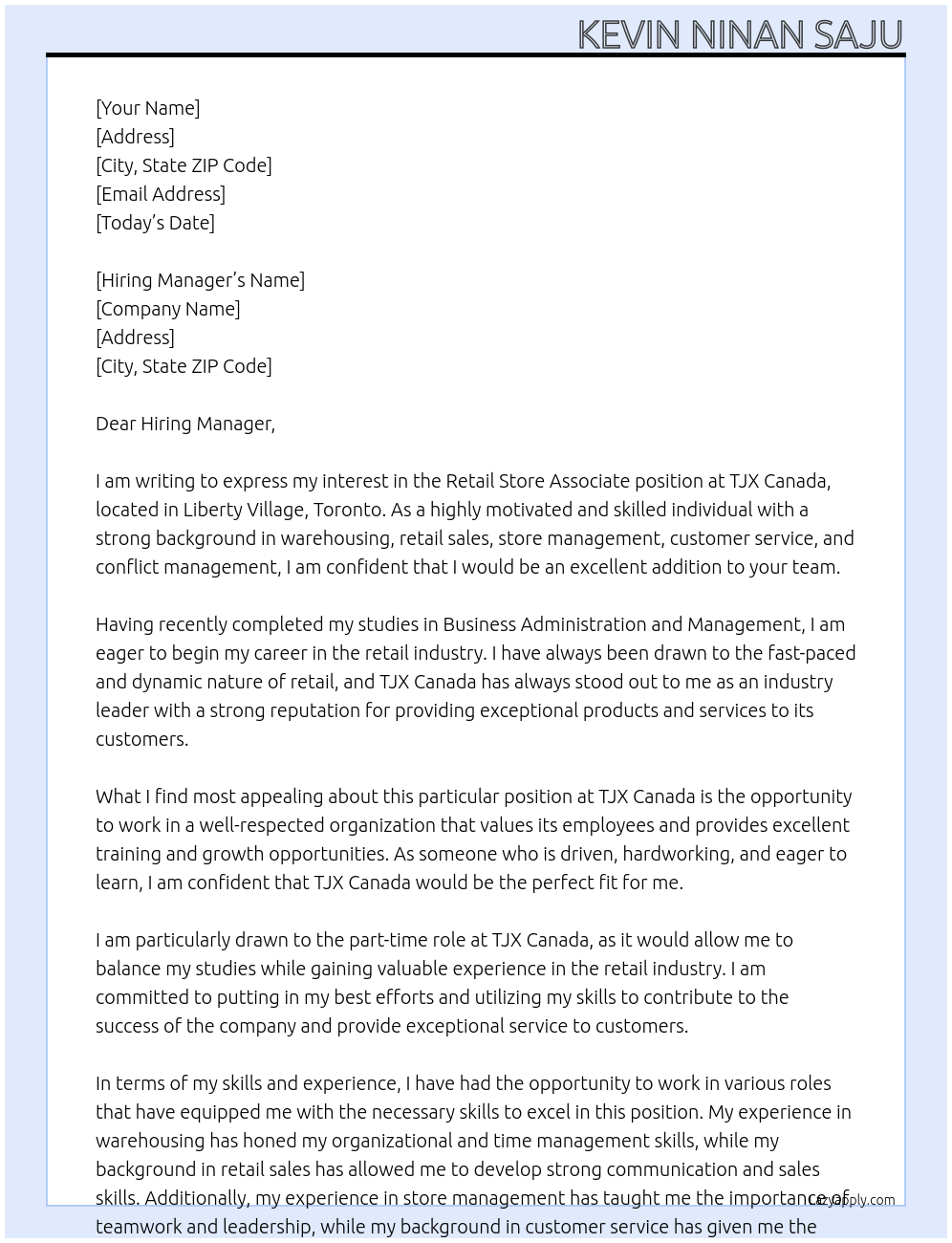 Retail Store Associate At TJX Canada Cover Letter