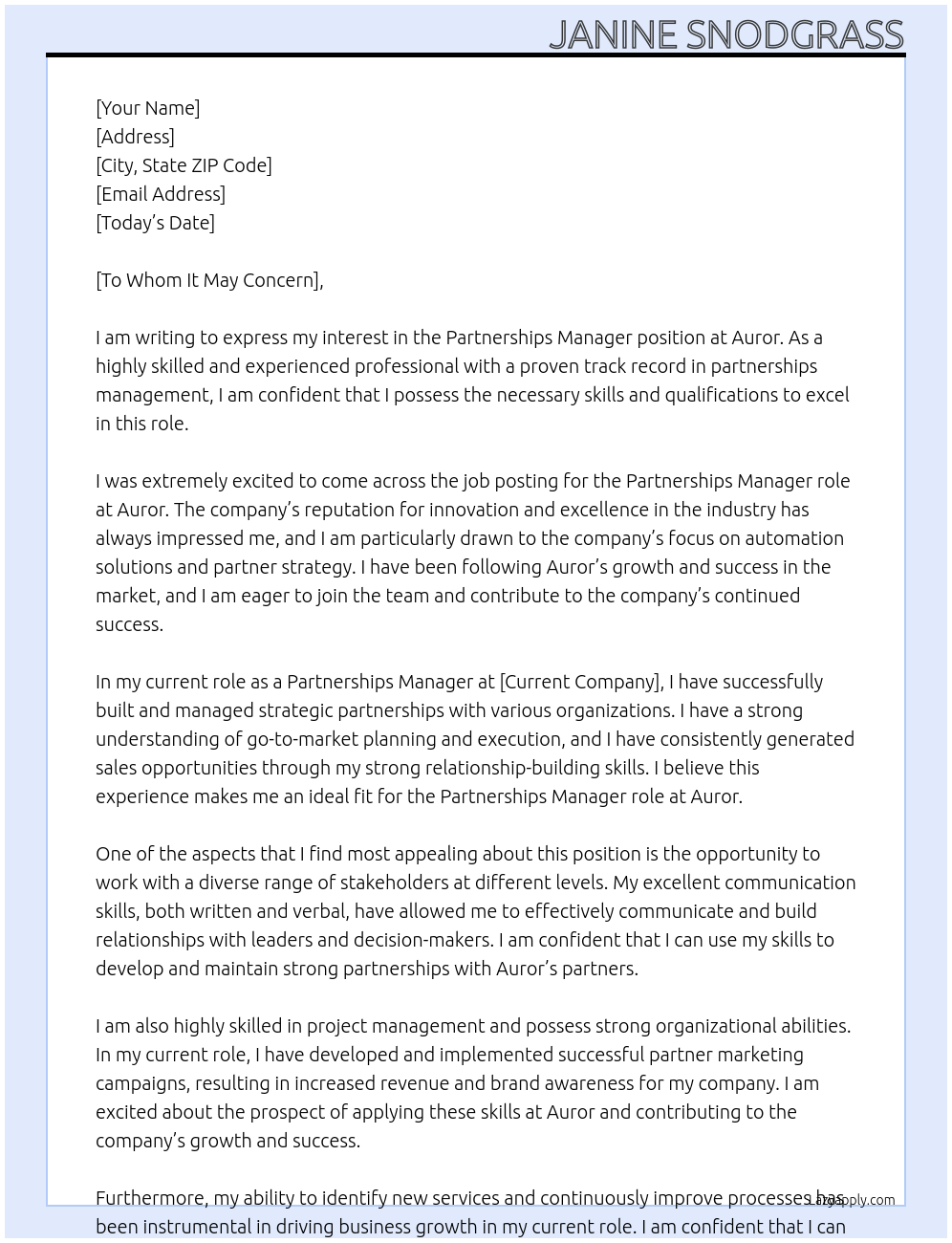 Partnerships Manager At Auror Cover Letter