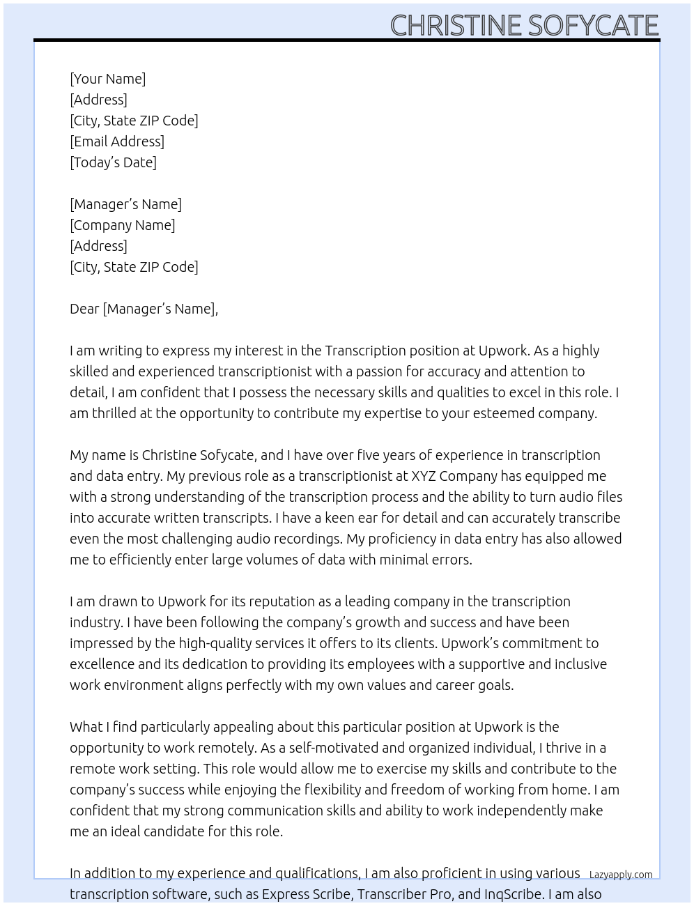 Transcription At upwork Cover Letter