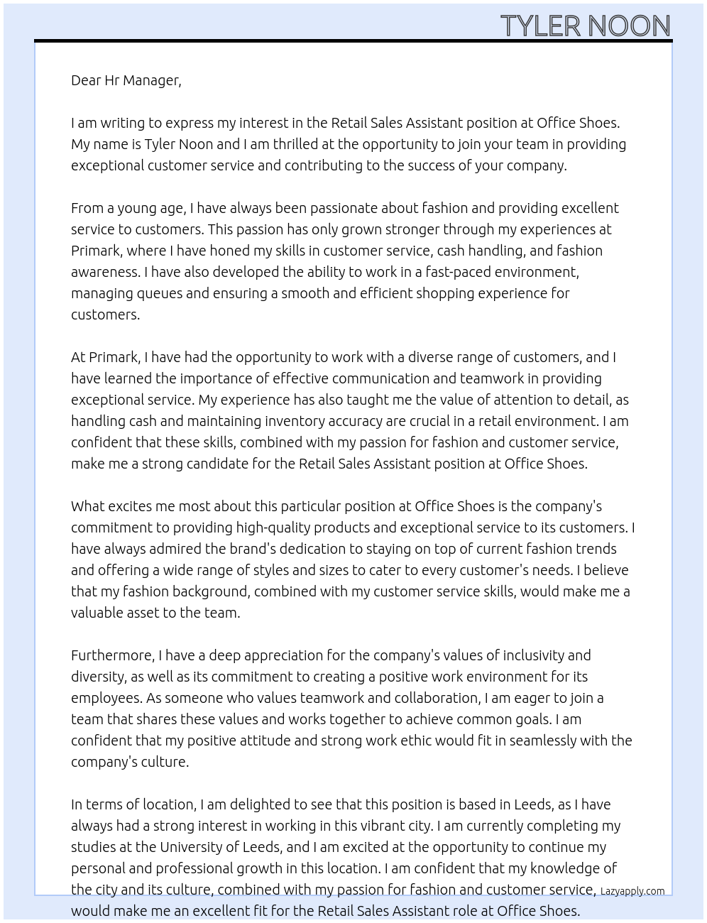 retail sales assistant At Office Shoes Cover Letter