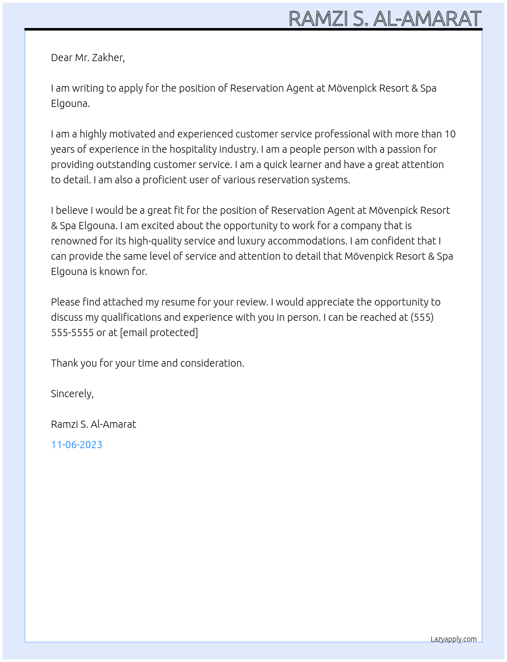 Reservation Agent At Mövenpick Resort & Spa Elgouna Cover Letter