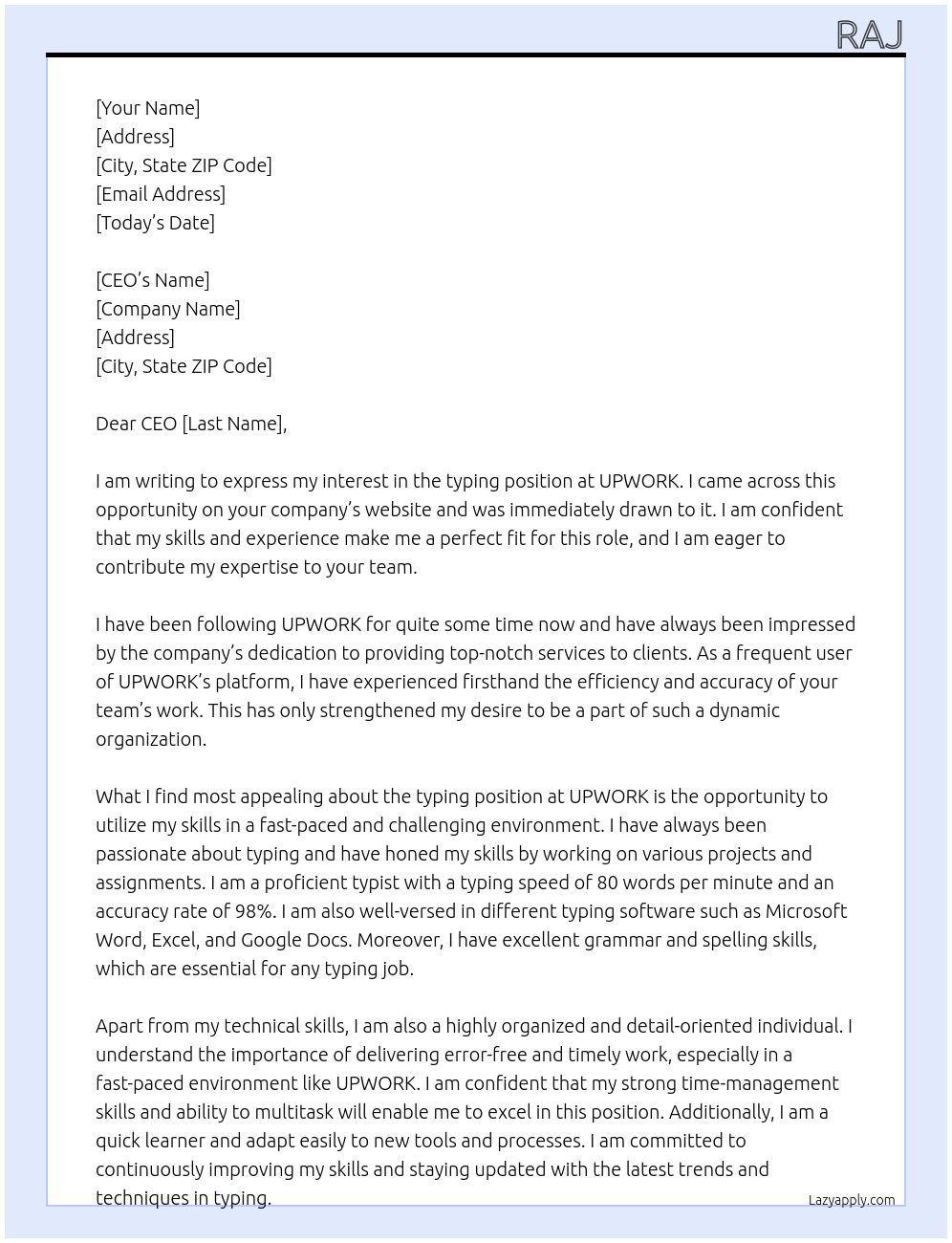 typing At UPWORK Cover Letter
