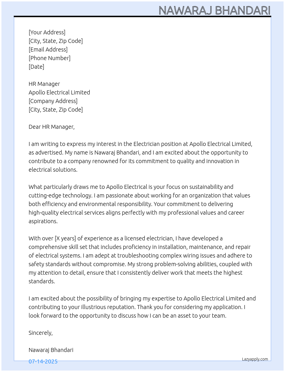 ELECTRICIAN At Apollo Electrical Limited Cover Letter