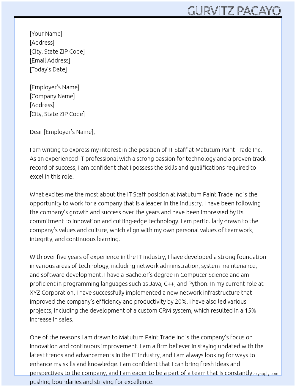 Cover letter for it staff - LazyApply