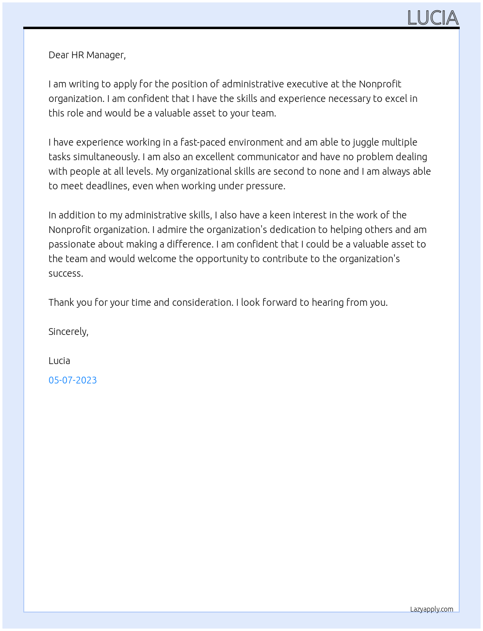 administrative executive At Non profit Cover Letter