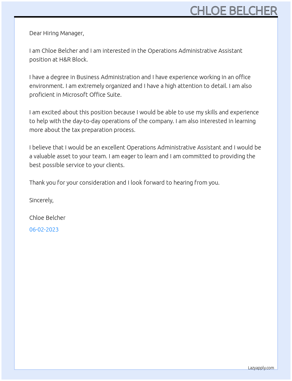 Operations Administrative Assistant At H&R Block Cover Letter