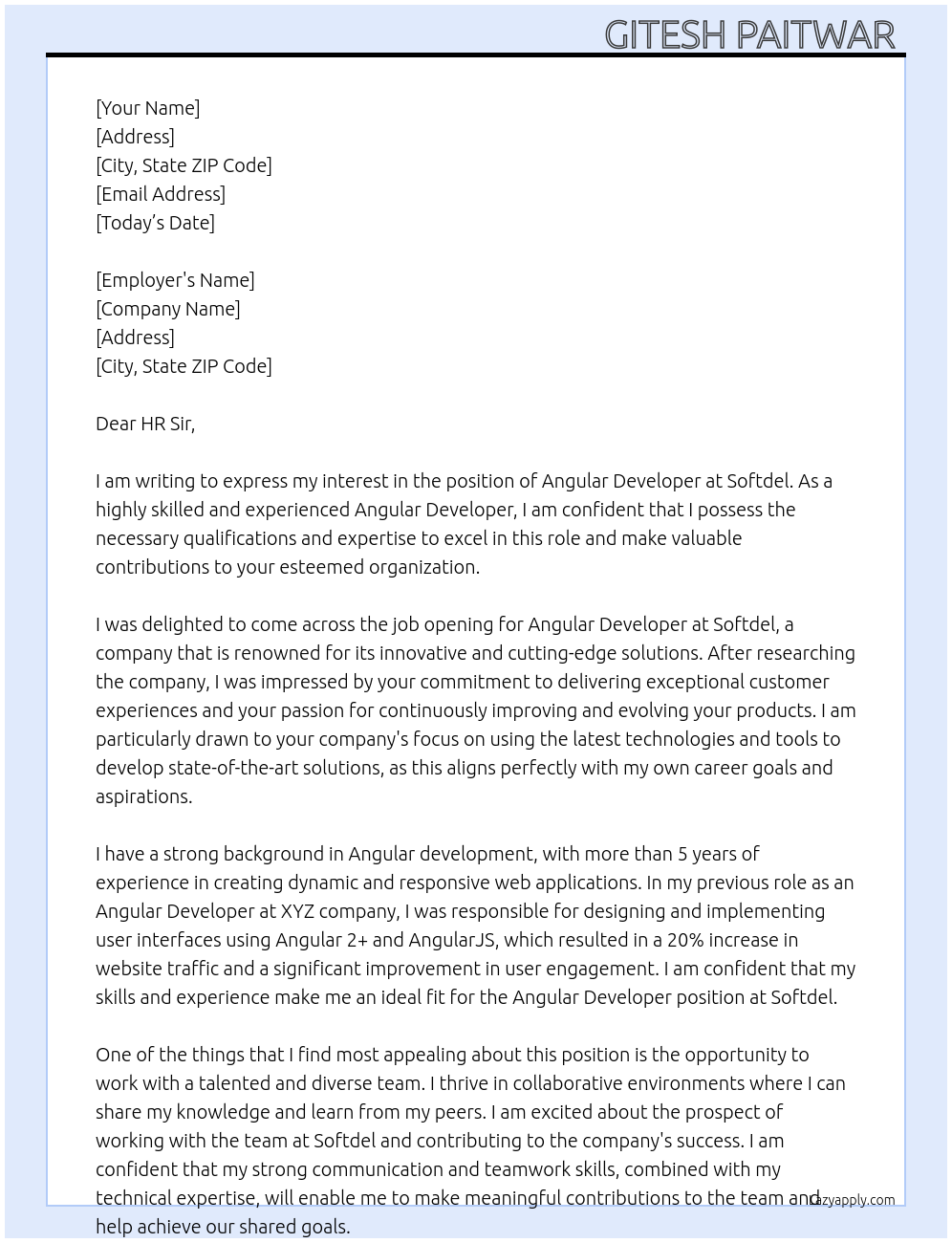 Angular Developer At Softdel Cover Letter