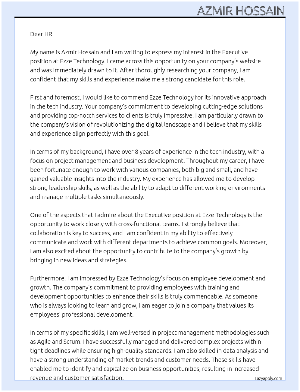 Executive At Ezze Technology Cover Letter