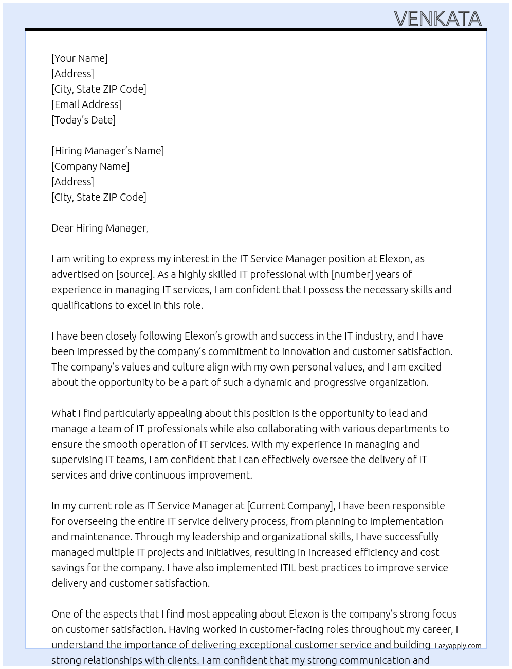 Cover letter for it service manager - LazyApply