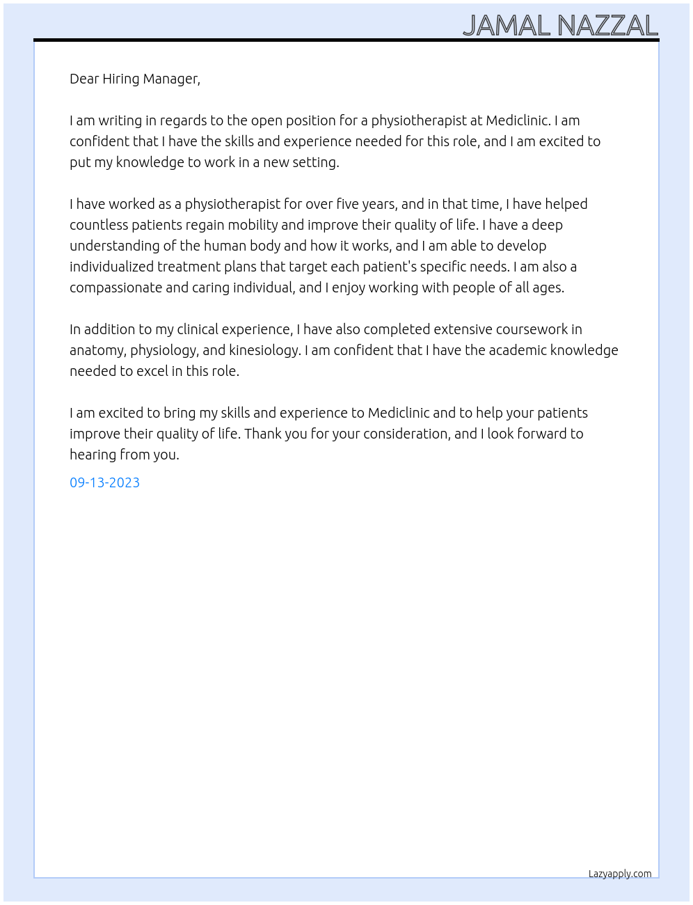 Physiotherapist At Mediclinic Cover Letter