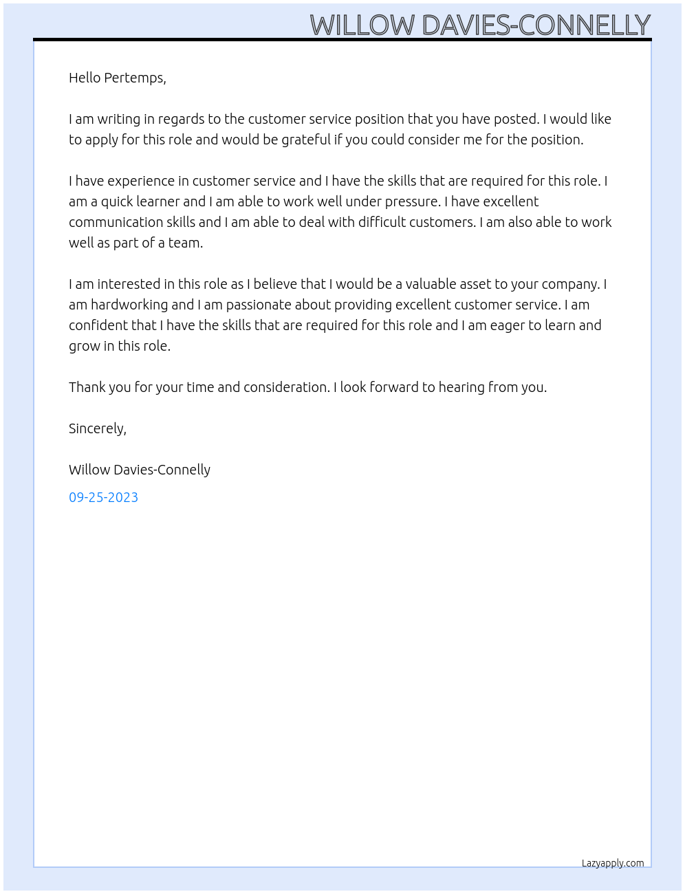 Customer service role At Pertemps Cover Letter